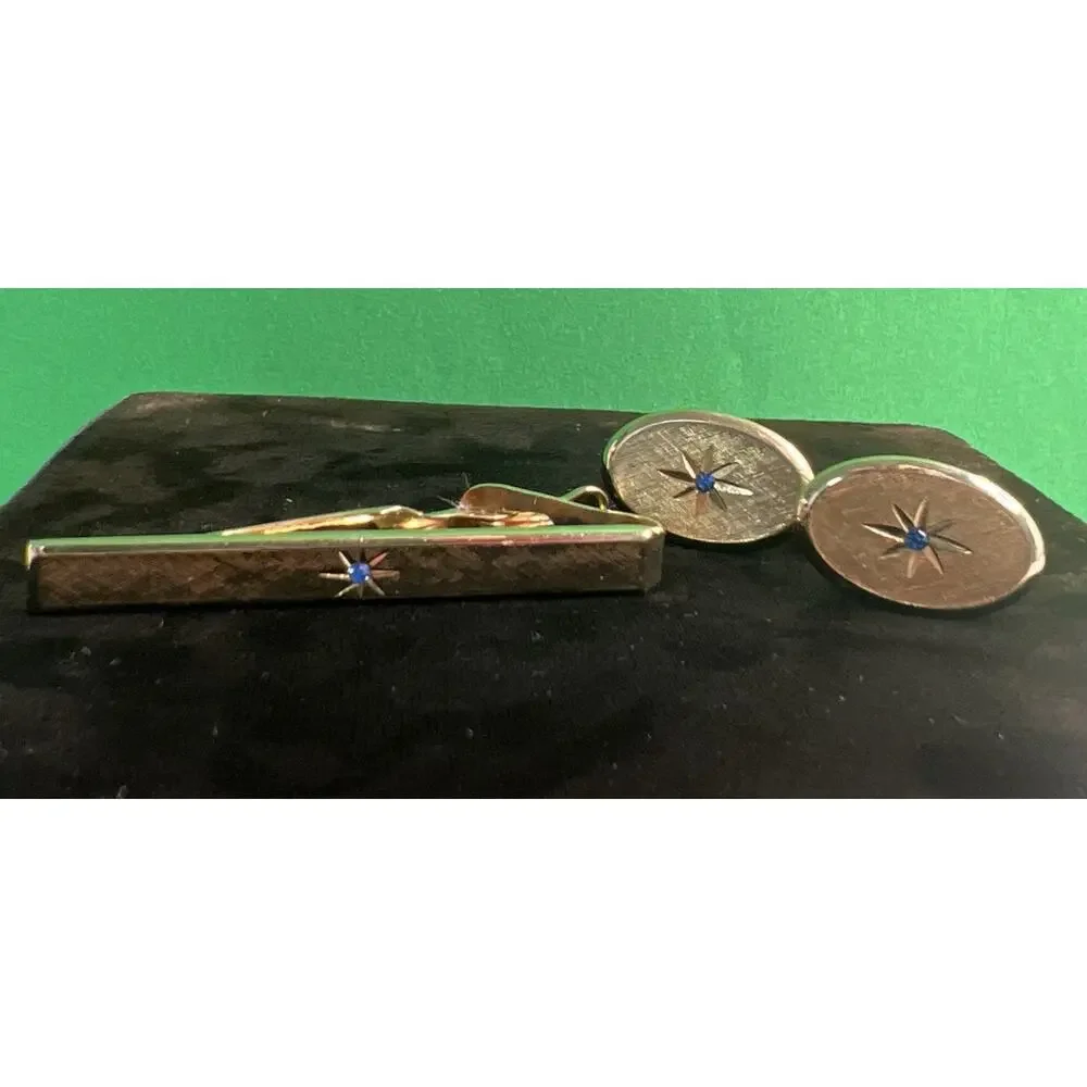 VTG Gold Tone Cufflinks & Tie Clip Blue Rhinestone Starburst Mid Century Avon